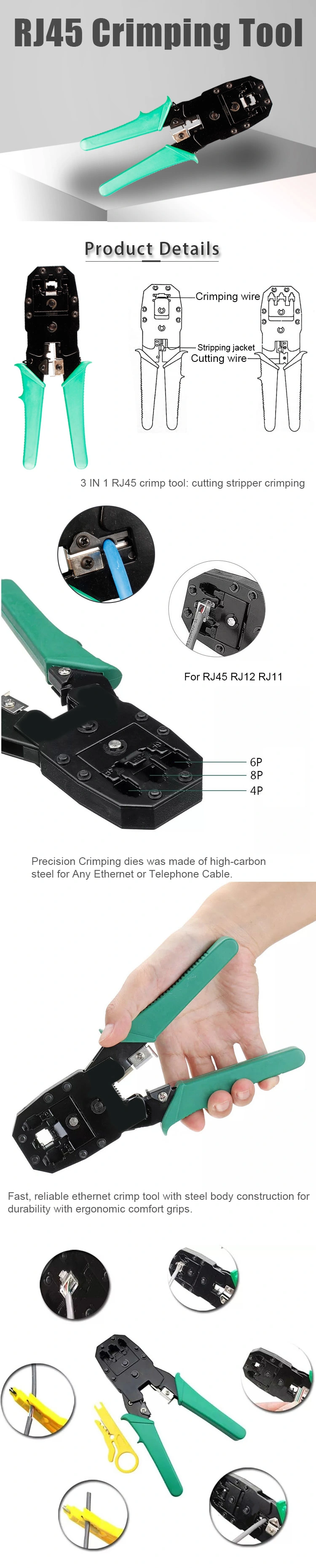 Gcabling RJ45 Tool Computer Cable Tool Networking Hand Wire Stripper Crimping Tool
